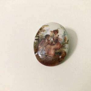 Vintage Painted Porcelain Courting Couple Oval  Pin Brooch